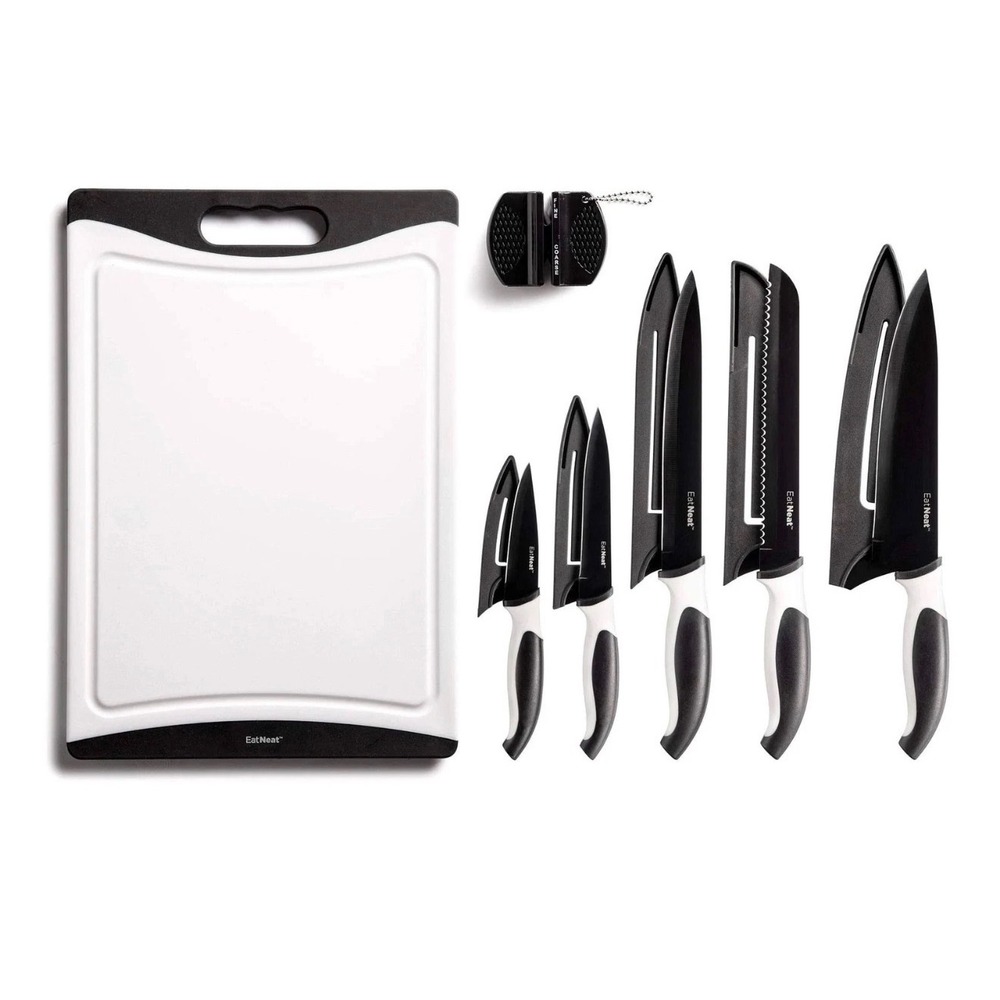 EatNeat 12 PC Knife Set w/ Cutting Board and Sharpener Black White Stainless NEW